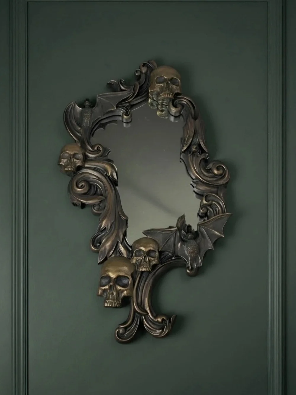 Christian Siriano Bronze Gothic Skull & Bat Wall Mirror Assymetrical Halloween